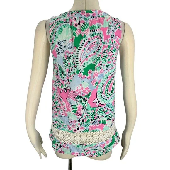 Crown & Ivy PS Top NWT Petite Small Pink Green Pom Crochet Icon Peasant Sleevele - Picture 3 of 7